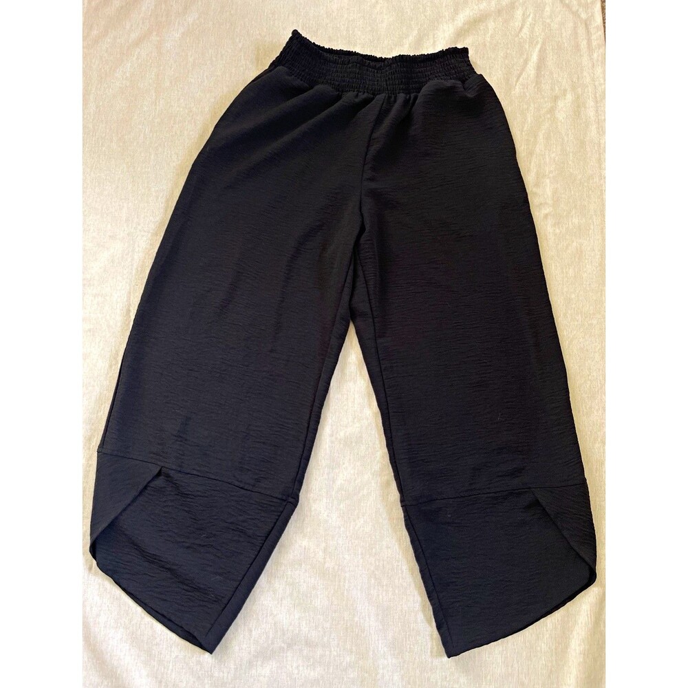 LEPUNUO Womens Large Black Smocked High Waist Wide Leg Tulip Hem Culottes Pants